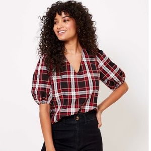 NWT Loft Plaid Puff Sleeve Top sz XS